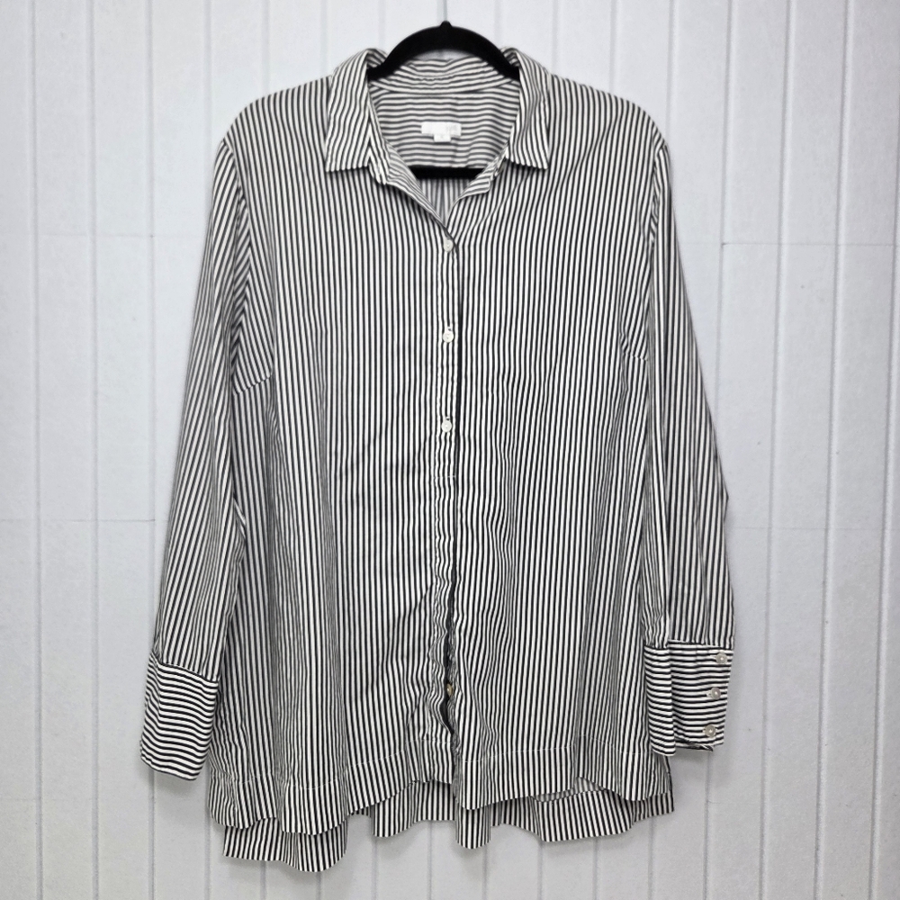 J. Jill Black and White Striped Shirt Career Top Blouse Button Up Collared XL